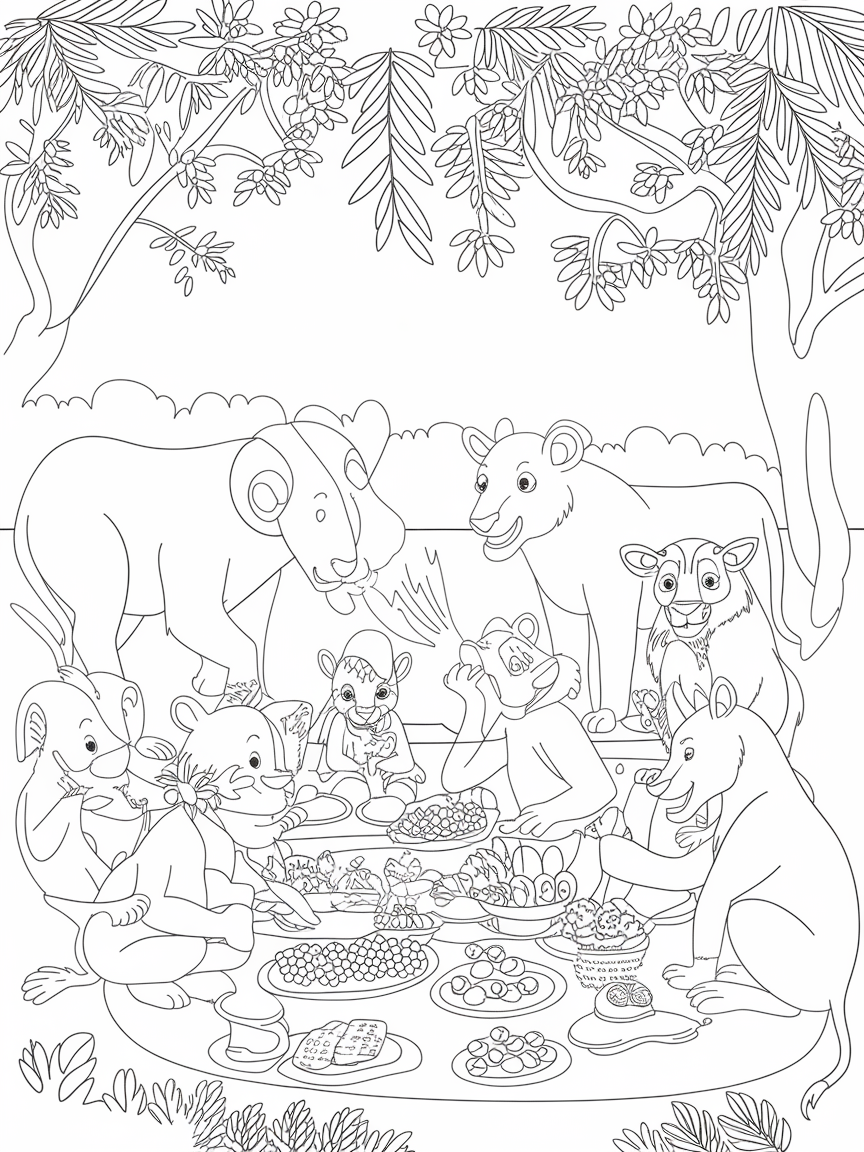Safari Picnic Pals coloring page: A vibrant scene shows wild animals gathered at a safari picnic, sharing fruits and laughter under the trees.
