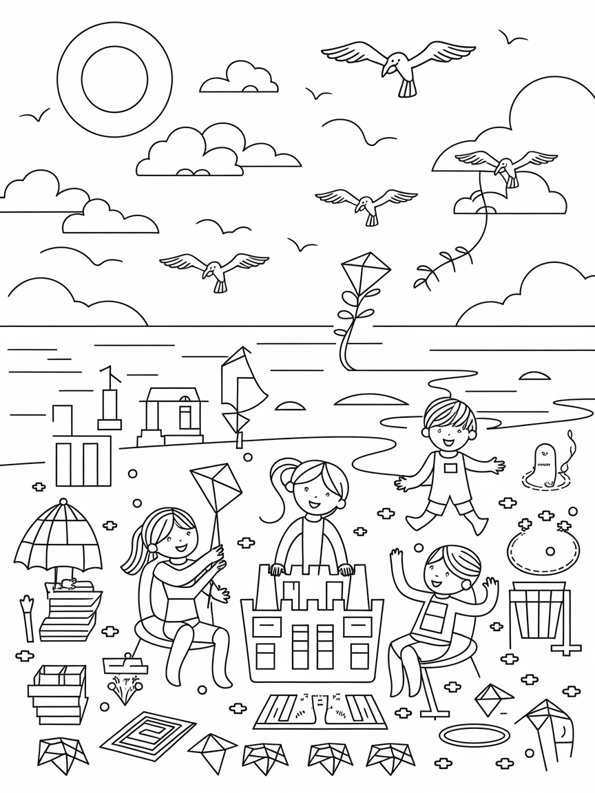 Sunny Beach Adventures! coloring page: A sunny beach scene features kids building colorful sandcastles and flying kites, while seagulls circle overhead.