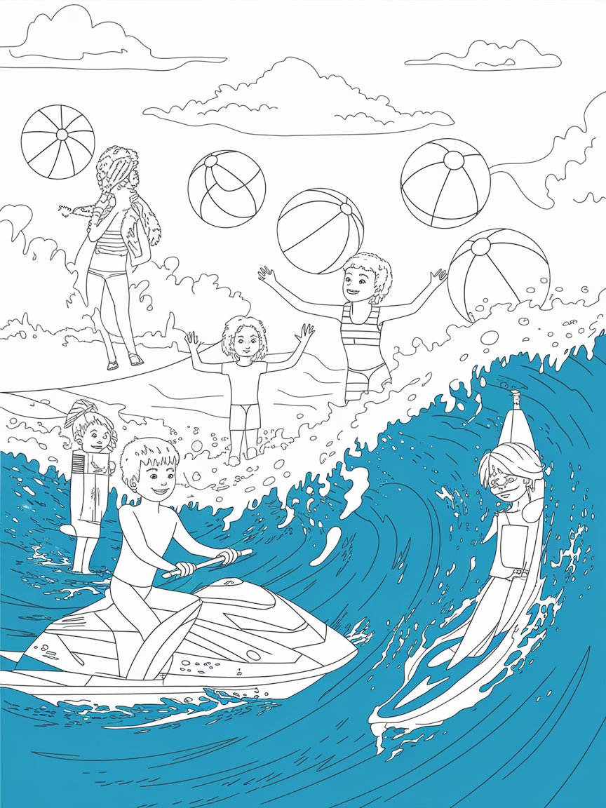 Wave of Fun! coloring page: An exciting water sports day features children playing with beach balls, jet skiing, and splashing in vivid blue waves.