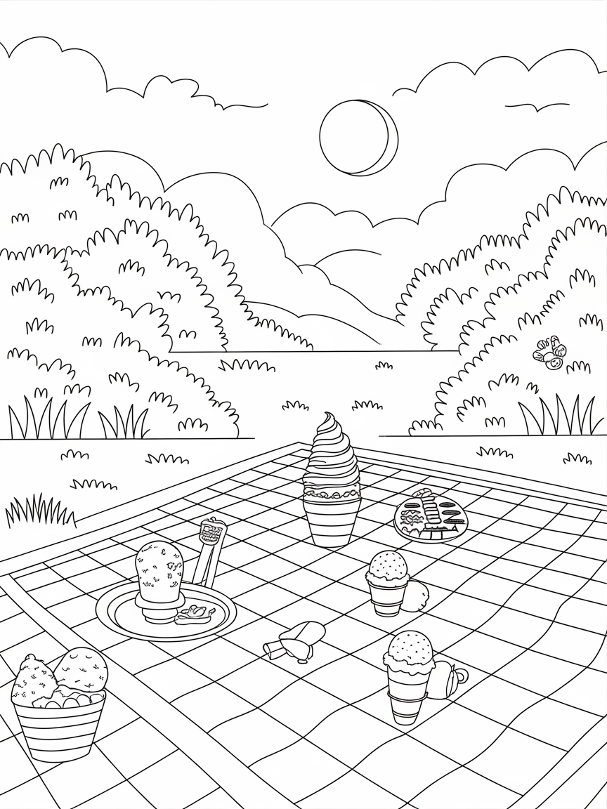 Charming Picnic Adventure coloring page: An idyllic picnic scene shows a checkered blanket, delicious ice cream cones, and wildlife peeking out from nearby bushes.