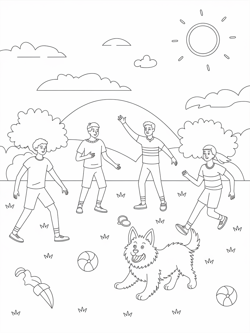 Sunny Park Playtime Fun coloring page: Children are playing frisbee in a sunny park, while a friendly dog chases after a ball. It's a fun day of outdoor games with friends.