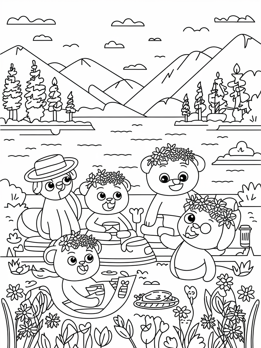 Lake Day Animal Parade coloring page: A group of animated animals are enjoying a relaxing day by the lake, wearing flower crowns and summer hats. They are having a fun time together by the water.
