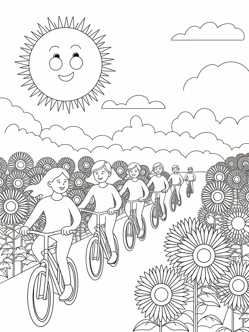 Sunny Fun on Bikes! coloring page: Friends are laughing and riding bikes through a sunflower field under the bright sun. It's a vibrant scene of summer fun on bikes.