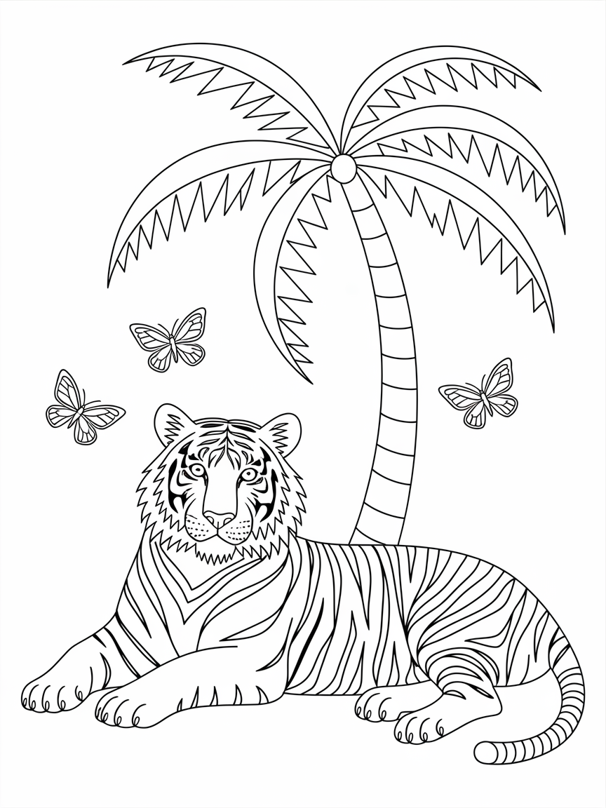Tiger's Tropical Retreat coloring page: A majestic tiger is lounging under a tall palm tree, with butterflies fluttering around its head. This scene shows the beauty of the jungle.