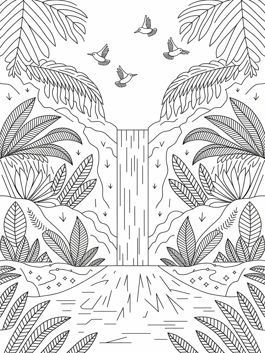 Jungle Waterfall Adventure coloring page: A hidden waterfall in the jungle is surrounded by colorful birds flying above and lush ferns. This scene invites exploration and adventure.
