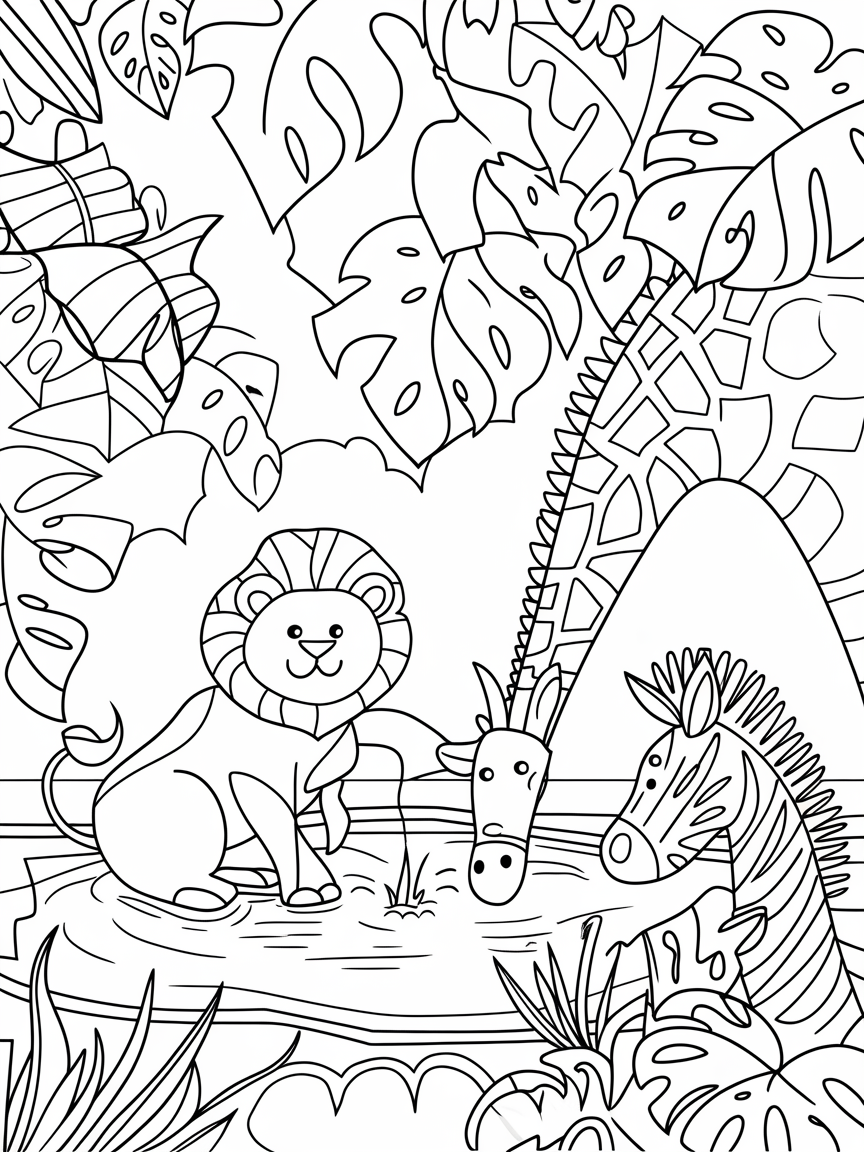Jungle Oasis Adventure coloring page: A playful scene shows a lion, giraffe, and zebra all sharing a refreshing oasis of water in the jungle. These animals are enjoying their time together.
