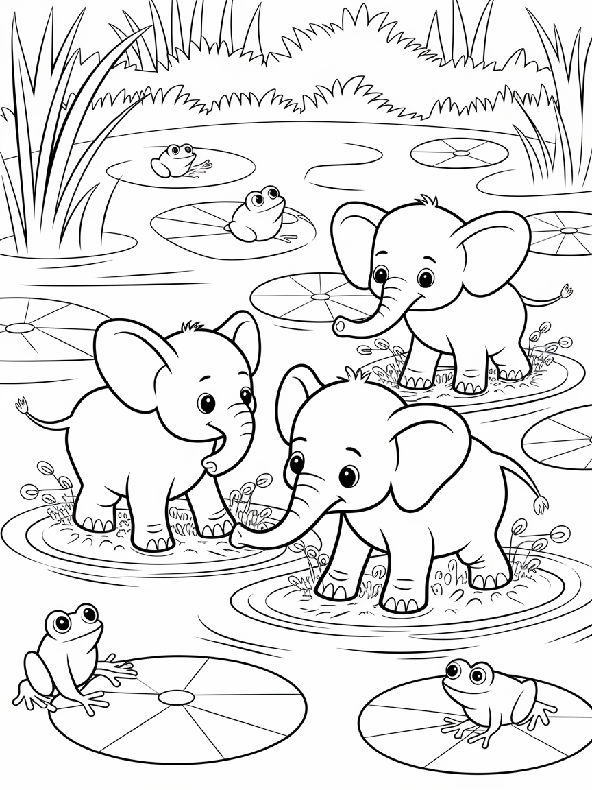 Elephant Splash Adventure! coloring page: Baby elephants are splashing in a muddy river, surrounded by lilypads and curious frogs hopping nearby. This scene is full of fun and joy.