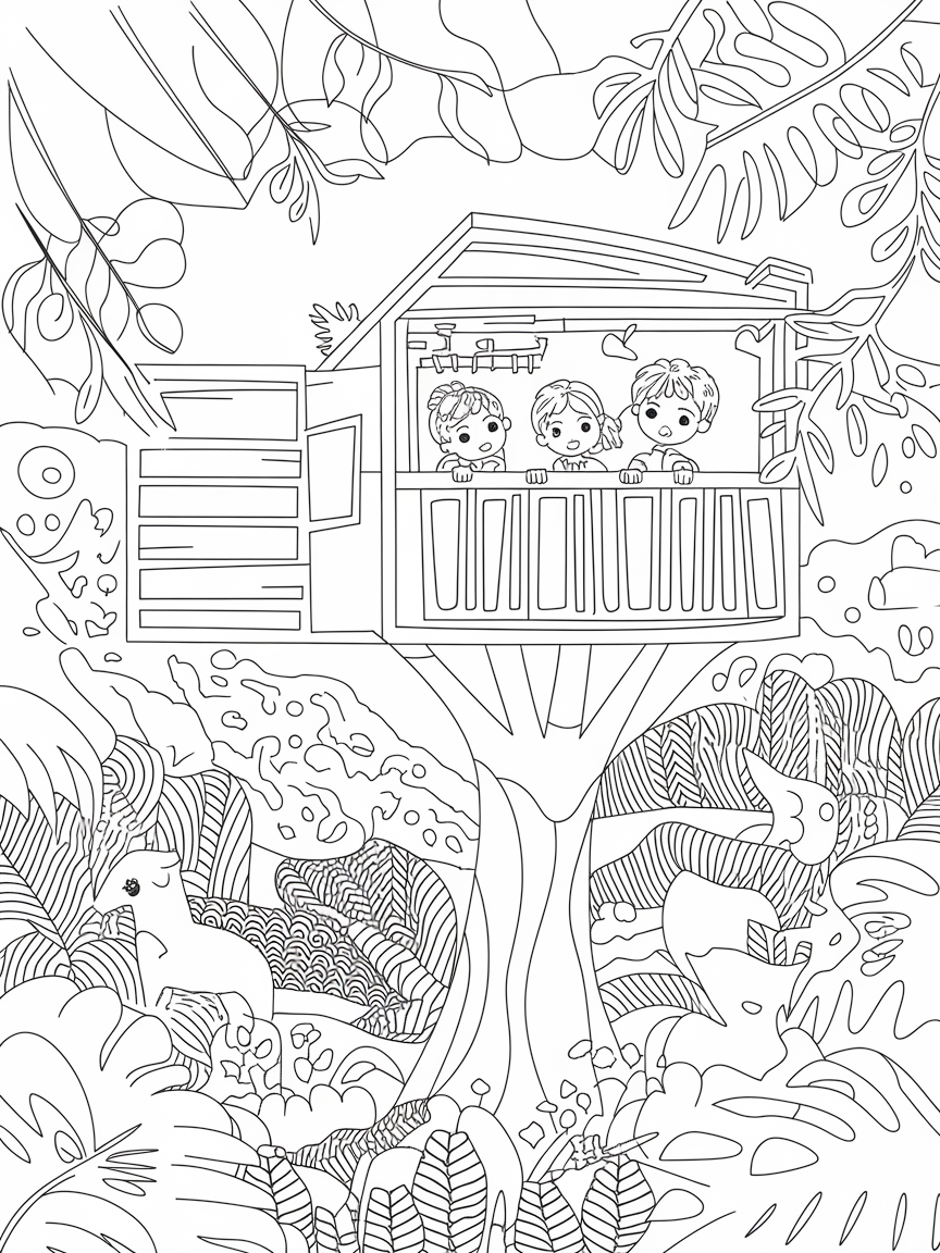 Jungle Treehouse Adventures coloring page: A treehouse high in the jungle canopy allows kids to peek out and see a whole world of wildlife below them. This scene captures the excitement of adventure.