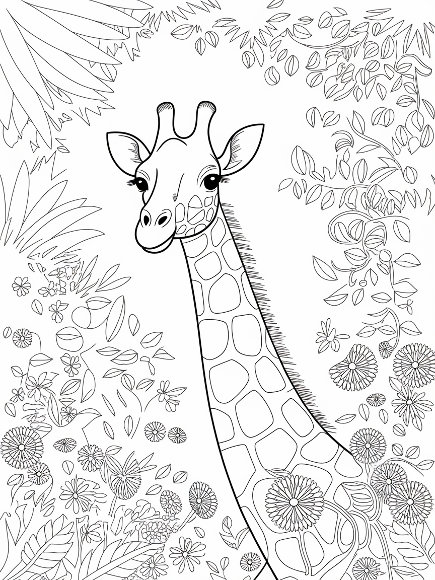 Giraffe's Jungle Adventure coloring page: A giraffe is peering through the treetops of a dense jungle, surrounded by colorful birds and blooming flowers.