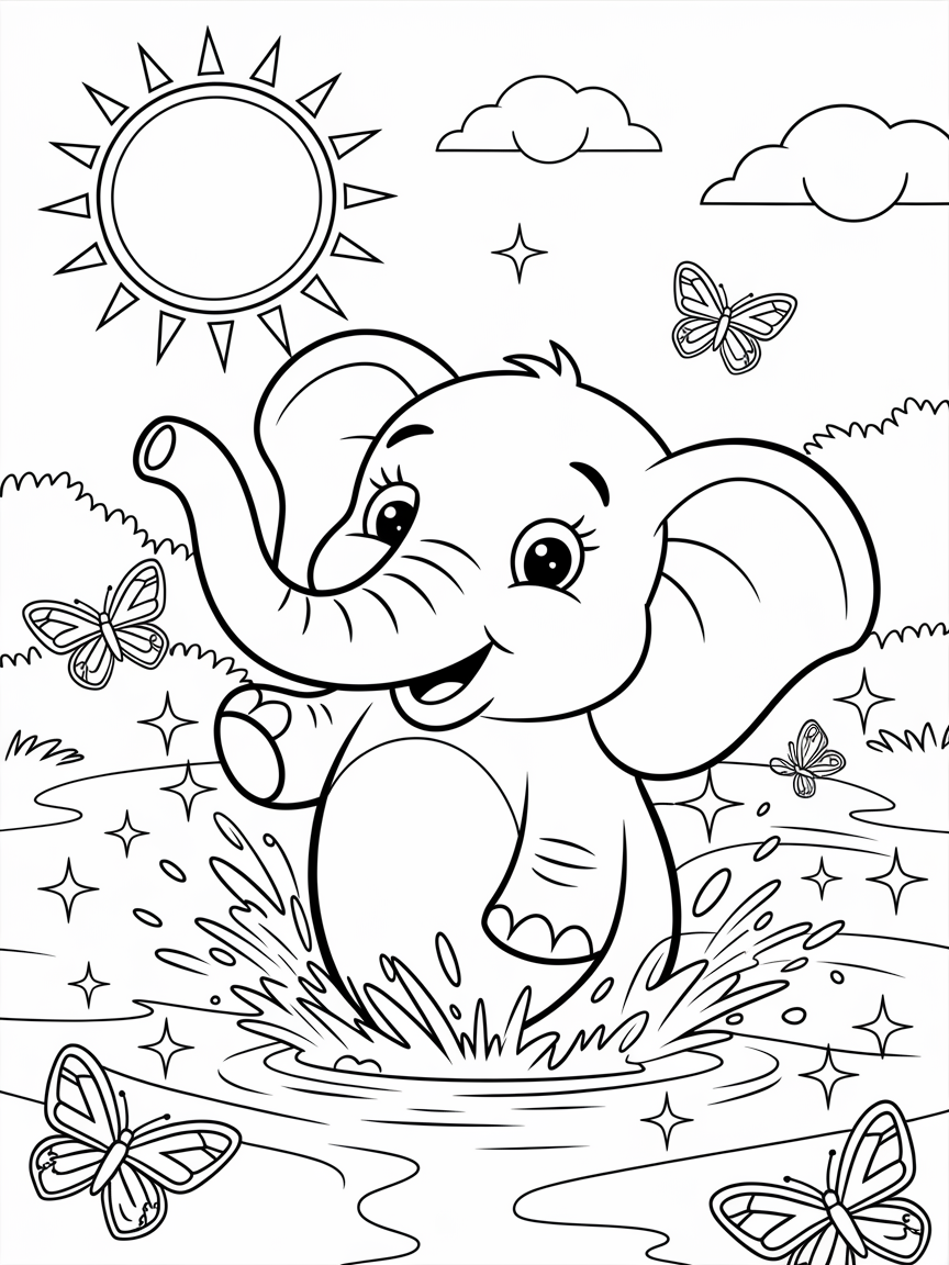 Sunny Splashing Elephant Fun! coloring page: An elephant is splashing in a sparkling river under the bright summer sun, with butterflies fluttering around.