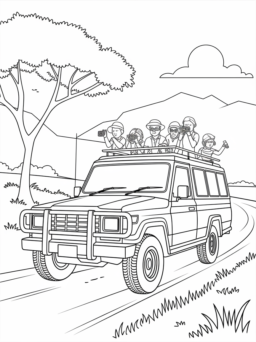 Safari Snapshots Adventure coloring page: A safari jeep is bouncing along a dirt path, loaded with adventurous explorers capturing memories in their cameras.