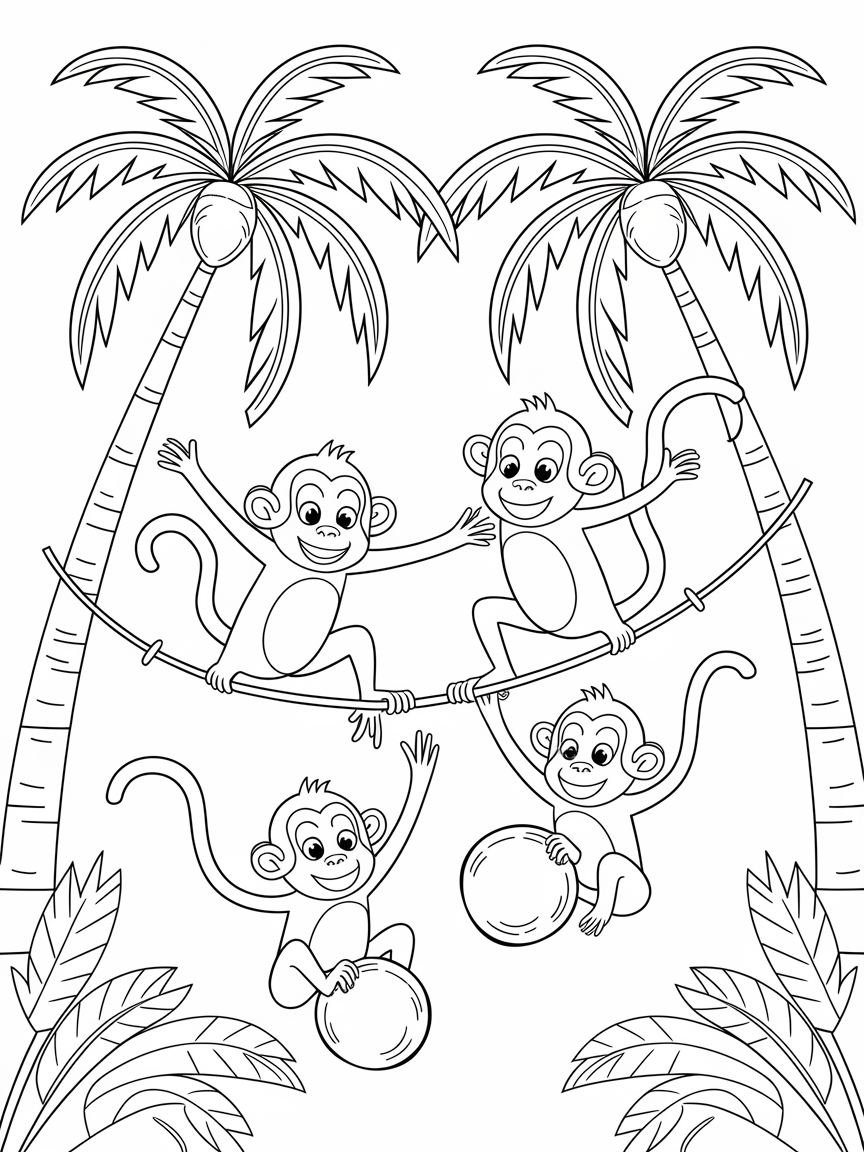 Monkey Mischief in Paradise coloring page: A family of monkeys is swinging on vines, playing with shiny coconuts hanging from tall palm trees.
