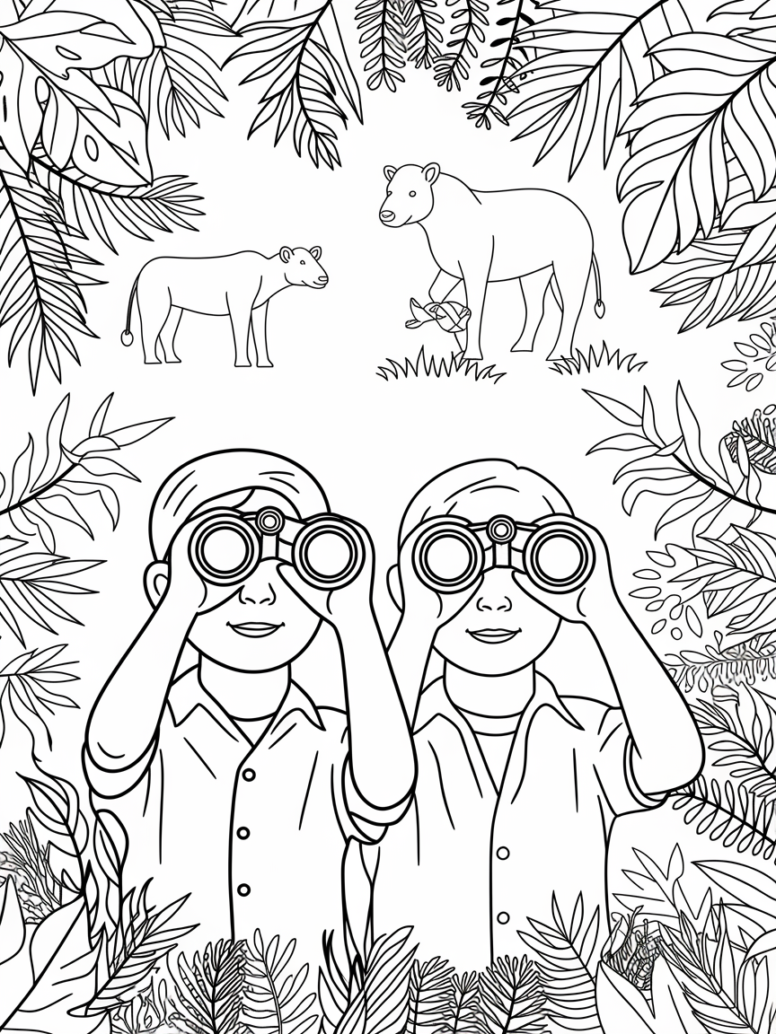 Safari Adventure: Kids & Critters coloring page: Children are sharing binoculars while spotting various safari animals, surrounded by vibrant flora and fauna of their wild adventure.