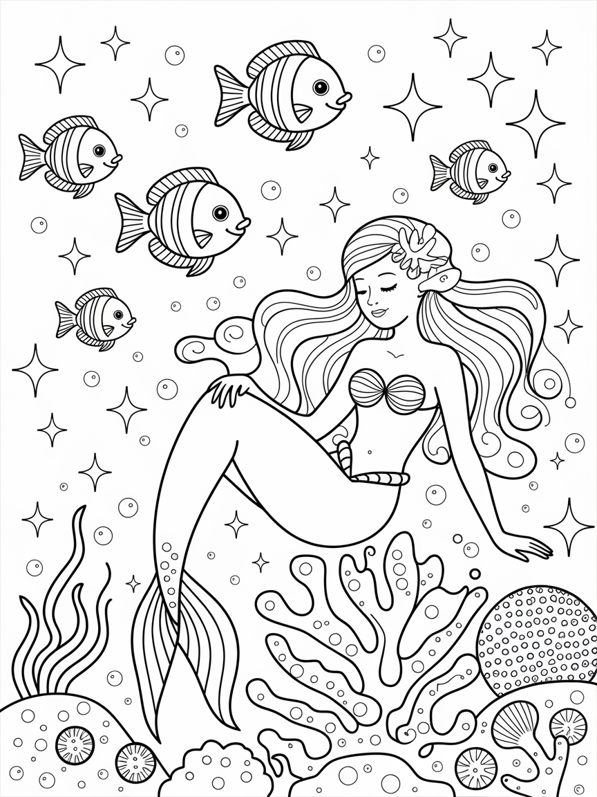 Mermaid's Coral Paradise coloring page: A mermaid is relaxing on a coral reef, surrounded by colorful fish and starfish in a sparkling ocean.