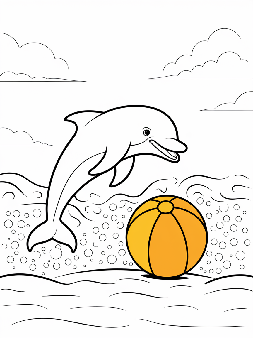 Dolphin's Beach Ball Splash coloring page: A playful dolphin is jumping through the waves, playing with a bright yellow beach ball near a sandy ocean floor.