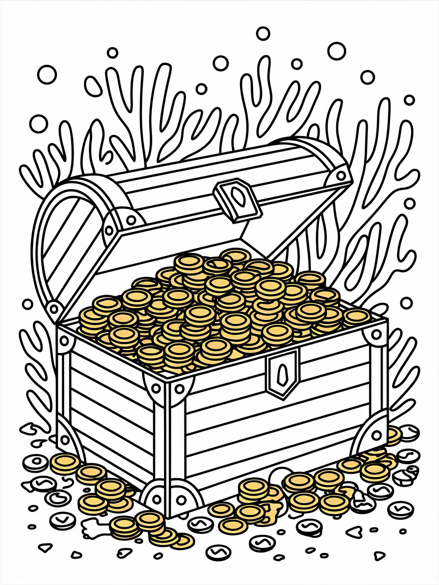 Undersea Treasure Trove coloring page: A treasure chest is overflowing with golden coins and shimmering jewels, nestled among vibrant coral and seaweed.