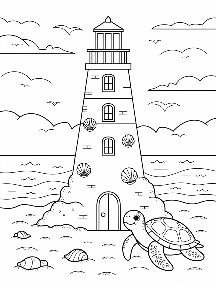 Lighthouse Sandcastle Adventure coloring page: A sandcastle shaped like a tall lighthouse, decorated with seashells and guarded by a friendly sea turtle.