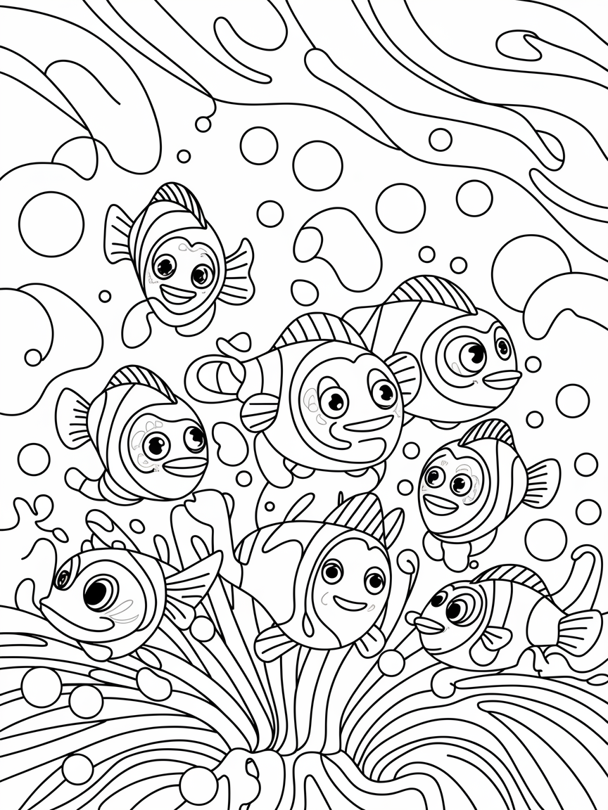 Bubbly Clownfish Adventure coloring page: A group of cheerful clownfish darting in and out of their anemone home, with swirling patterns of bubbles around them.