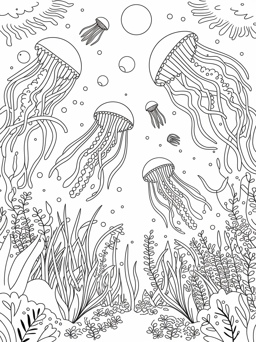 Enchanting Underwater Wonderland coloring page: A magical underwater garden with swaying plants and whimsical jellyfish floating gracefully, revealing nature's wonders.