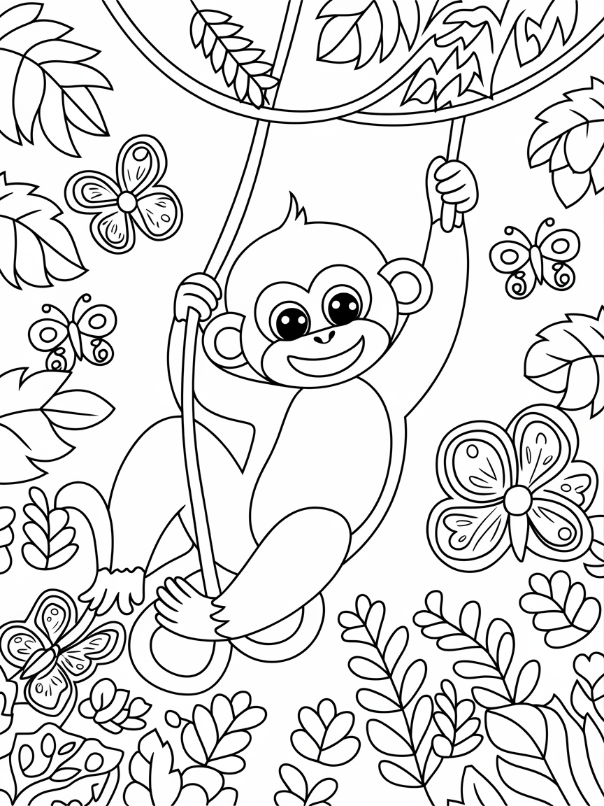 Swinging Through Jungle Joy! coloring page: A jungle adventure featuring a friendly monkey swinging from trees surrounded by exotic flowers and butterflies.