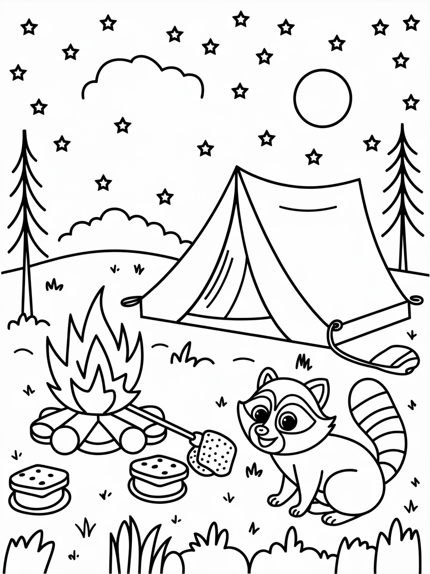 Starry Night Campfire Fun! coloring page: Camping under the stars with a cozy campfire, s'mores roasting, and a smiling raccoon sneaking nearby.
