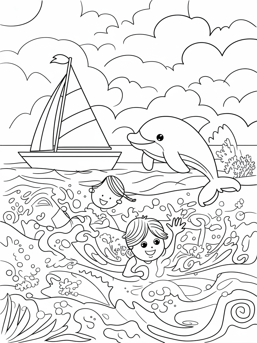 Splashing Ocean Adventure! coloring page: A vibrant ocean scene with kids splashing in the waves, a playful dolphin jumping alongside a sailing boat.