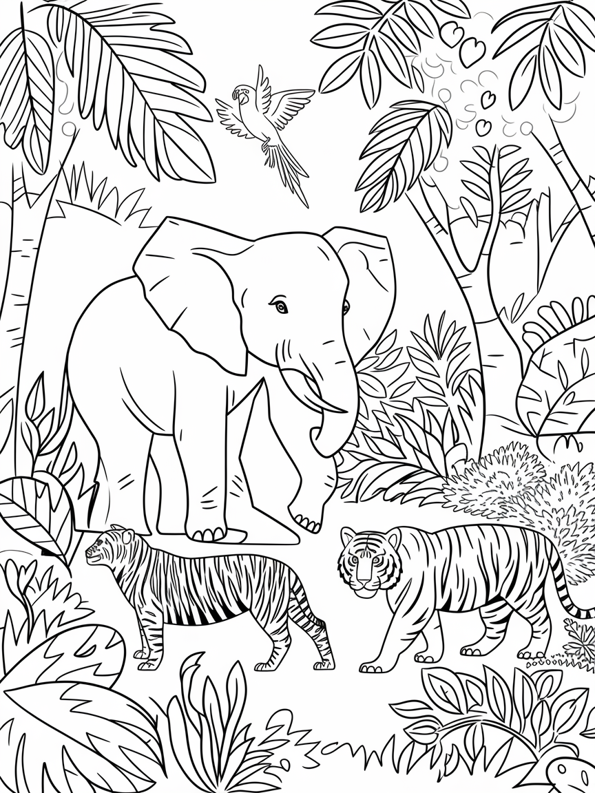 Jungle Safari Adventure coloring page: A safari hike through the jungle spotting wild animals like elephants, tigers, and a cheerful parrot in the treetops.