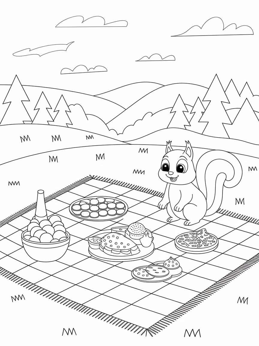 Squirrel's Picnic Peek-a-Boo coloring page: A fun picnic on a grassy hill with a checkered blanket, delicious food, and a curious squirrel peeking at the treats.