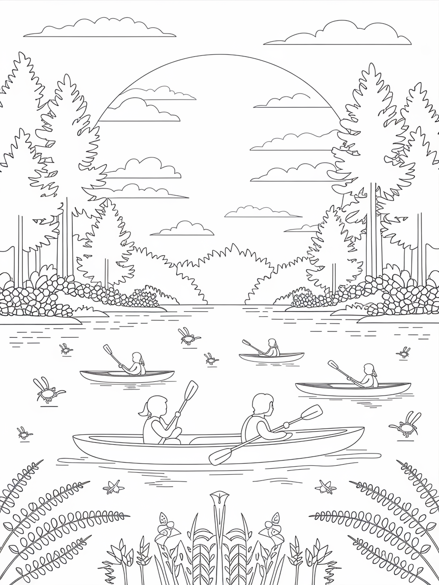 Serene Sunset Kayak Adventure coloring page: This picture shows kids kayaking on a peaceful lake during a beautiful summer sunset, surrounded by tall trees. The scene captures the calmness of nature at dusk.