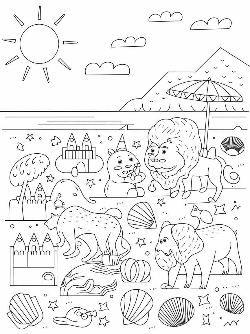 Sunny Beach Animal Adventure coloring page: A cheerful beach scene with various animals happily building sandcastles and looking for treasures among colorful seashells. The sun shines brightly over the fun activities.