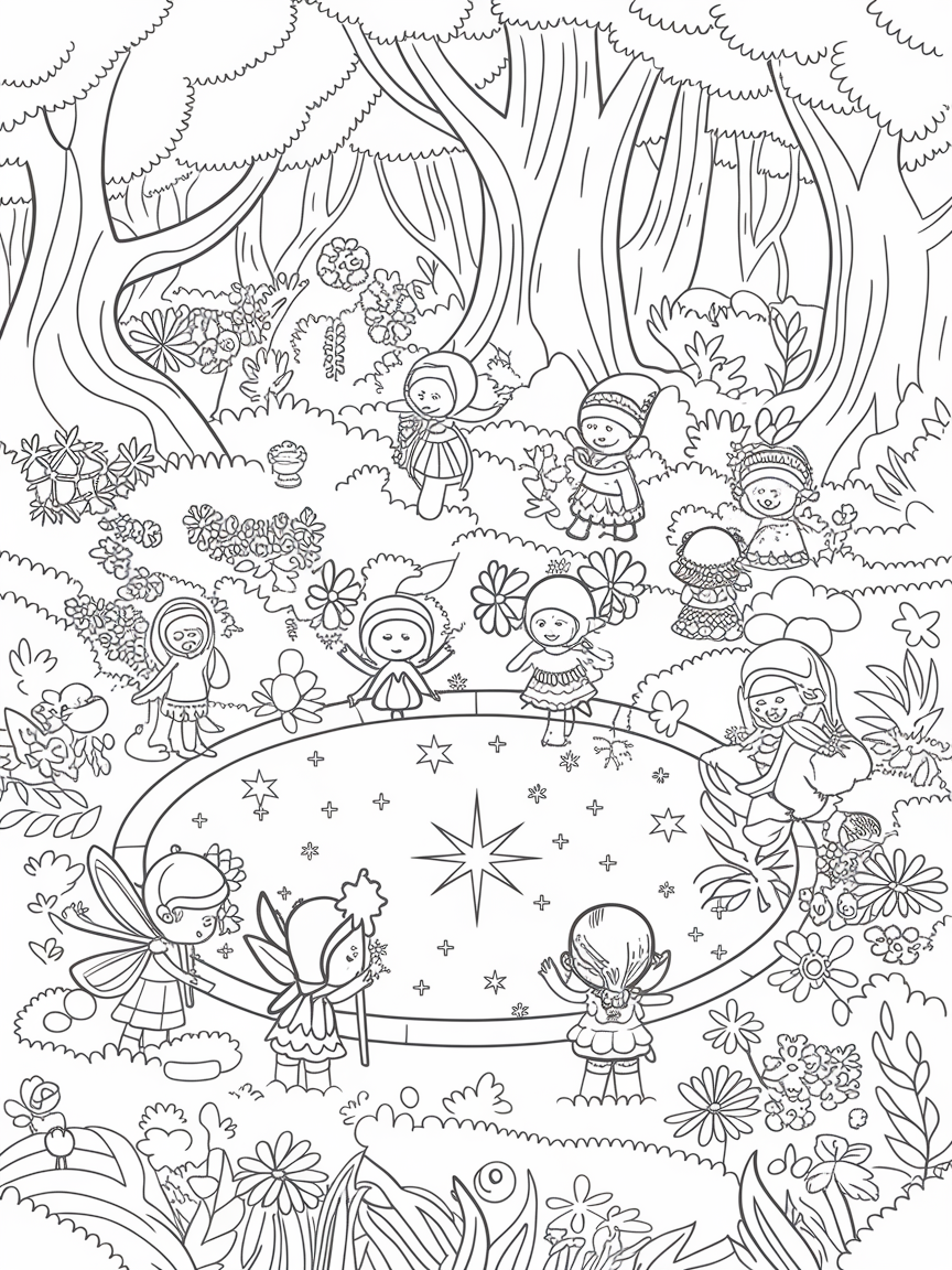 Enchanting Forest Adventure coloring page: This coloring page features a magical forest where friendly fairies and elves gather around a sparkling pond, ready for an adventure. The atmosphere is enchanting and inviting.
