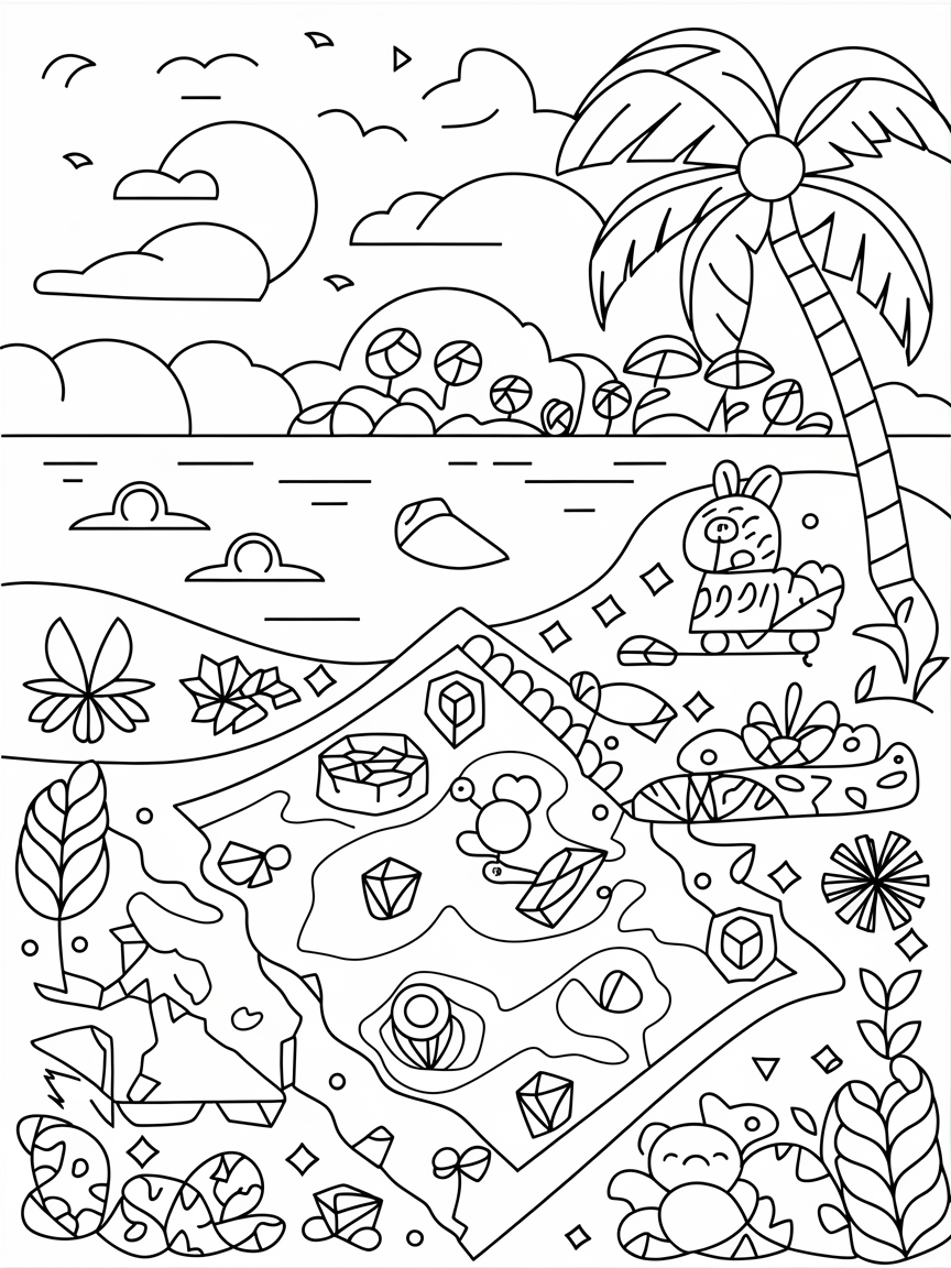 Tropical Treasure Quest coloring page: Explore a tropical island through this treasure map, where cute animals assist kids in finding hidden jewels. The scene is filled with excitement and adventure.