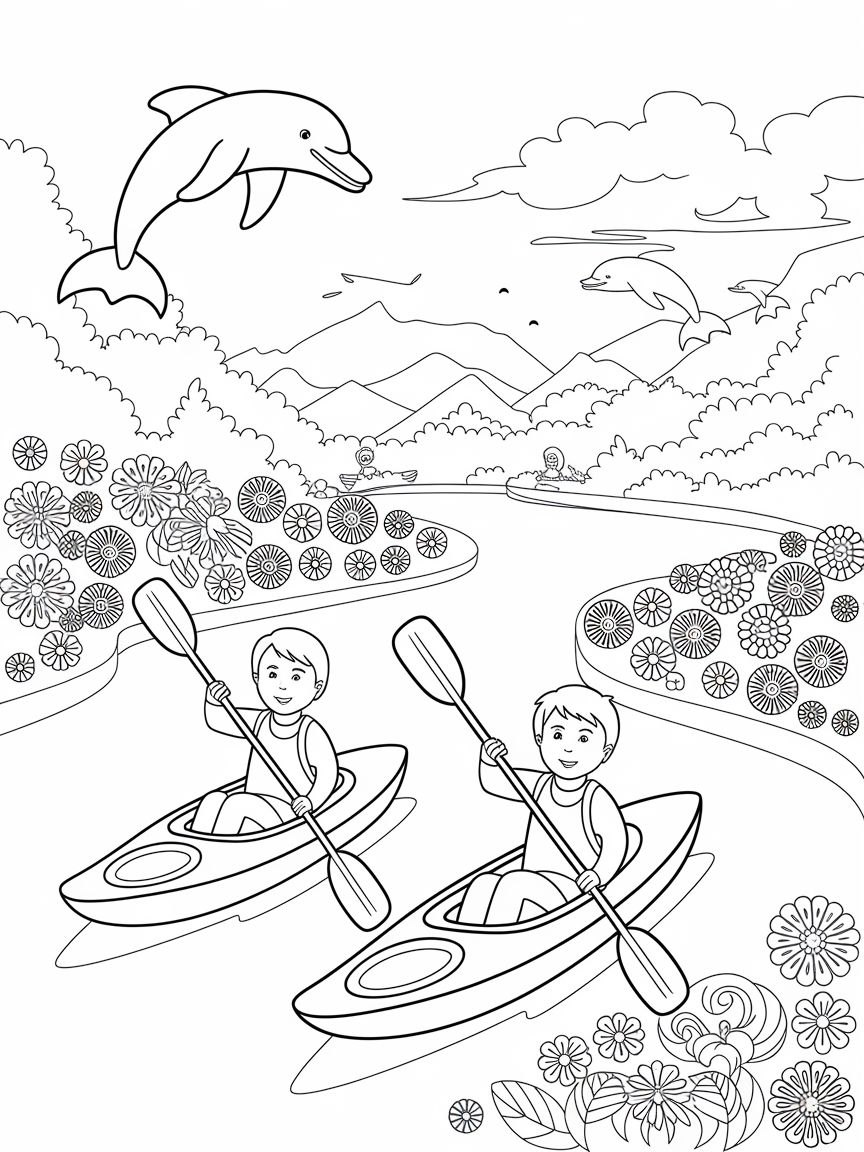 Colorful Kayaking Adventure coloring page: A vibrant scene of kids kayaking down a bright river, with blooming flowers lining the banks and playful dolphins jumping nearby. The atmosphere is lively and colorful.