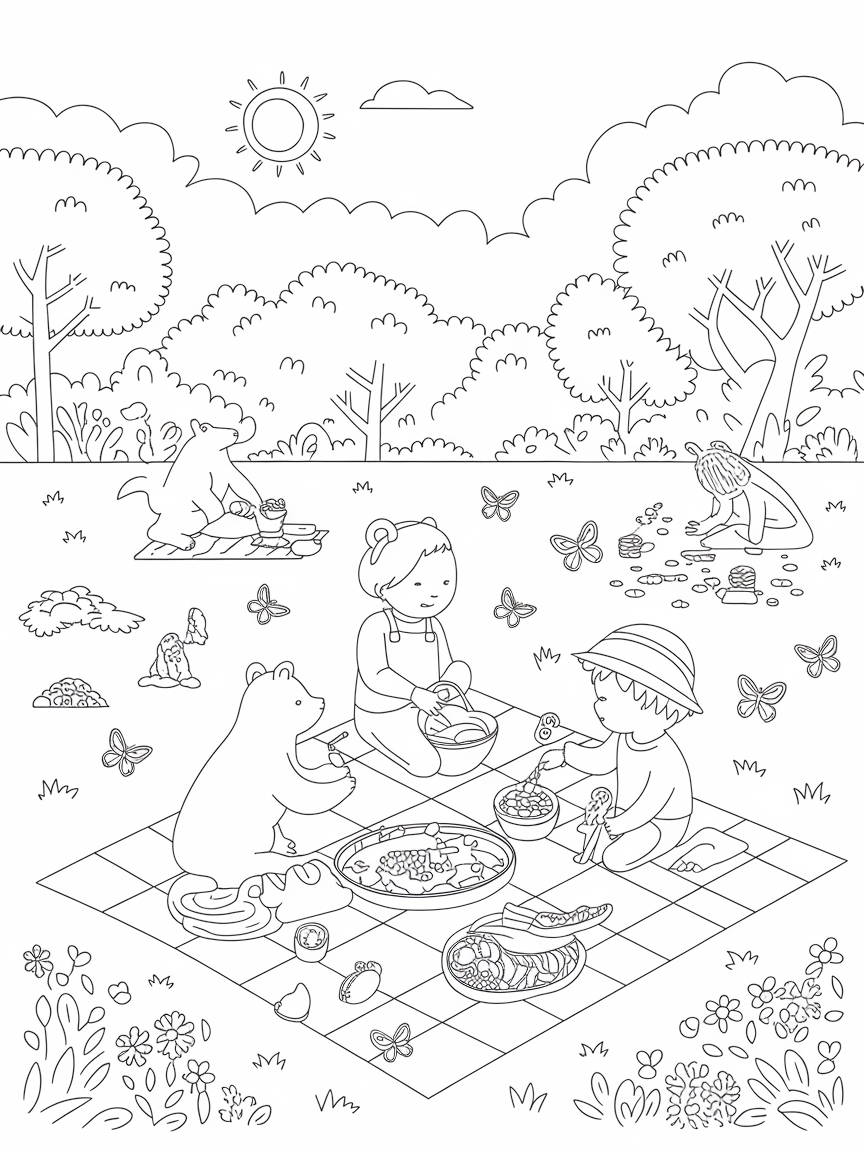 Sunny Picnic Adventure coloring page: This picture shows a sunny picnic in the park where animals are sharing treats, while kids enjoy spotting butterflies and searching for hidden treasures.