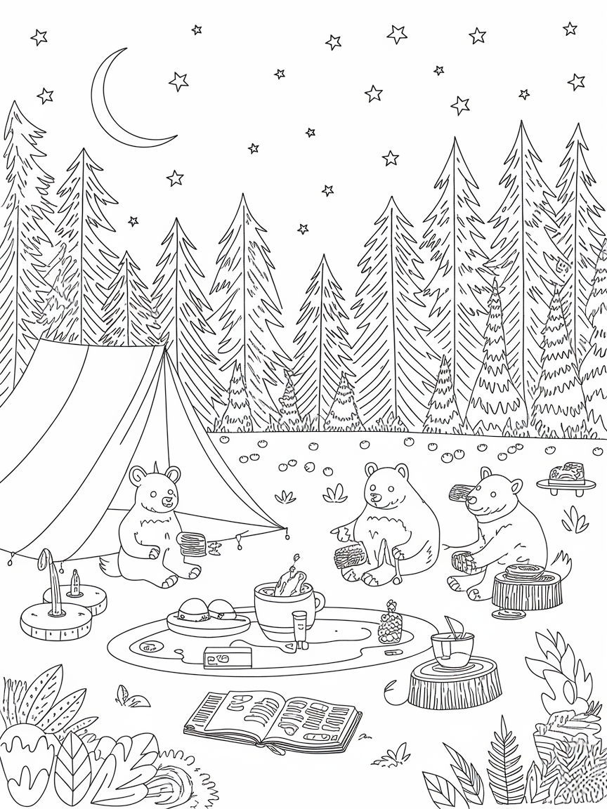 Starlit Tales at Camp coloring page: A whimsical campsite under a starlit sky where animals gather to share stories about their summer adventures and the treasures they found in the forest.
