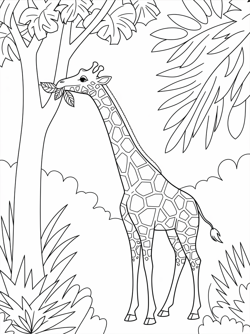Jungle Joy: Giraffe Delight! coloring page: Color a playful giraffe as it munches on leaves from a tall tree in the heart of the jungle. The scene is lively and fun.