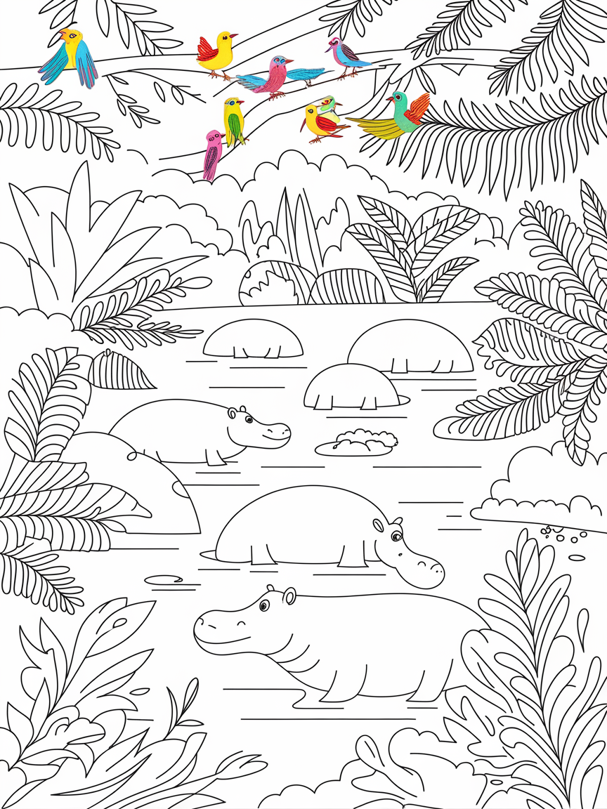 Jungle River Adventure coloring page: This coloring page depicts a vibrant jungle river scene with swimming hippos and colorful birds relaxing above. The atmosphere is lively and full of life.