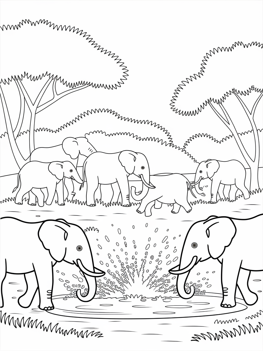 Elephant Splash Safari Fun! coloring page: This picture shows a group of elephants happily splashing water as they play by a watering hole in a safari setting.