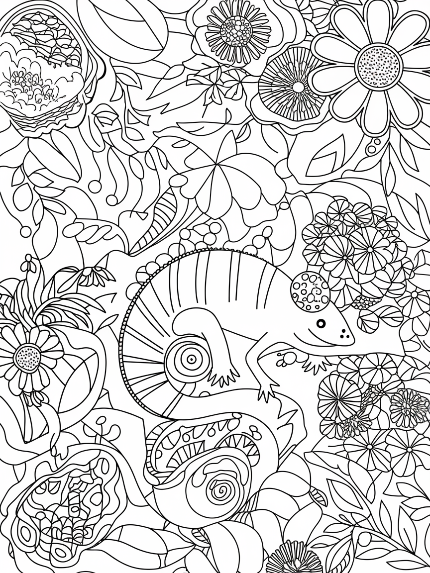Charming Chameleon’s Colorful Oasis coloring page: In this scene, a cheerful chameleon is surrounded by an exotic flower garden filled with vibrant plants and hidden treasures.