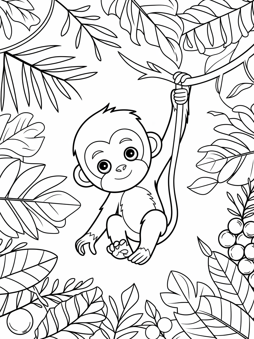 Monkey Swinging Adventure! coloring page: This illustration features a curious monkey swinging from branch to branch amidst lush foliage and tropical fruits.