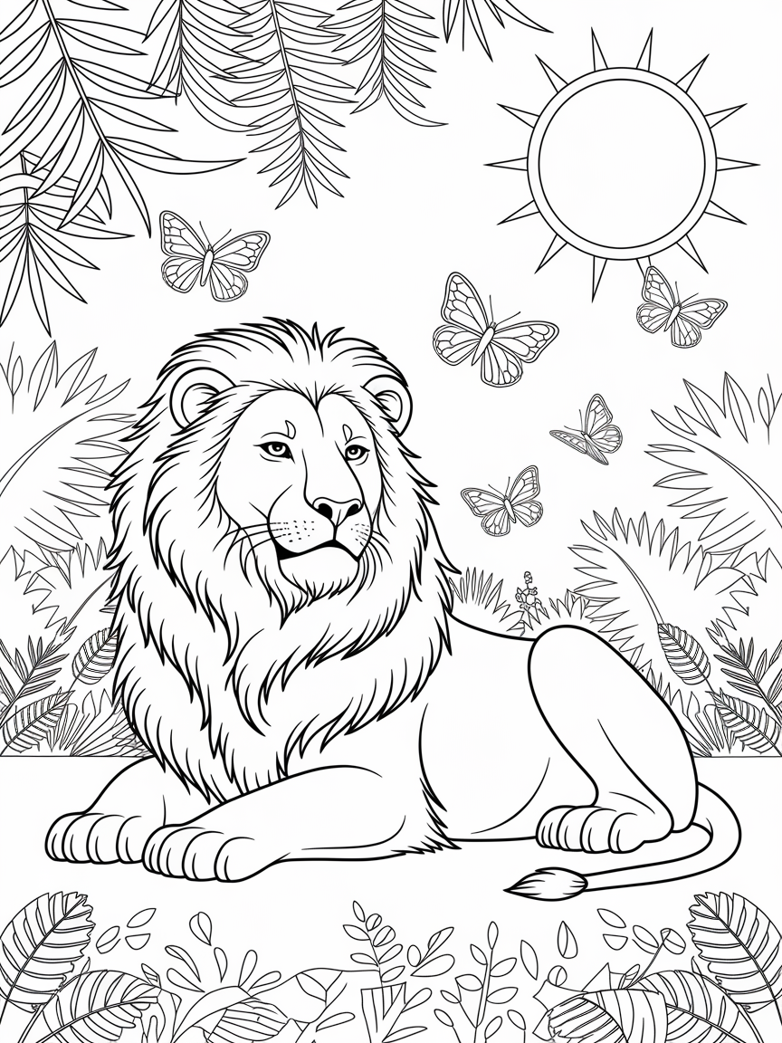 Majestic Lion and Butterflies coloring page: A majestic lion basks in the sun while butterflies flutter around him in this bright jungle scene.