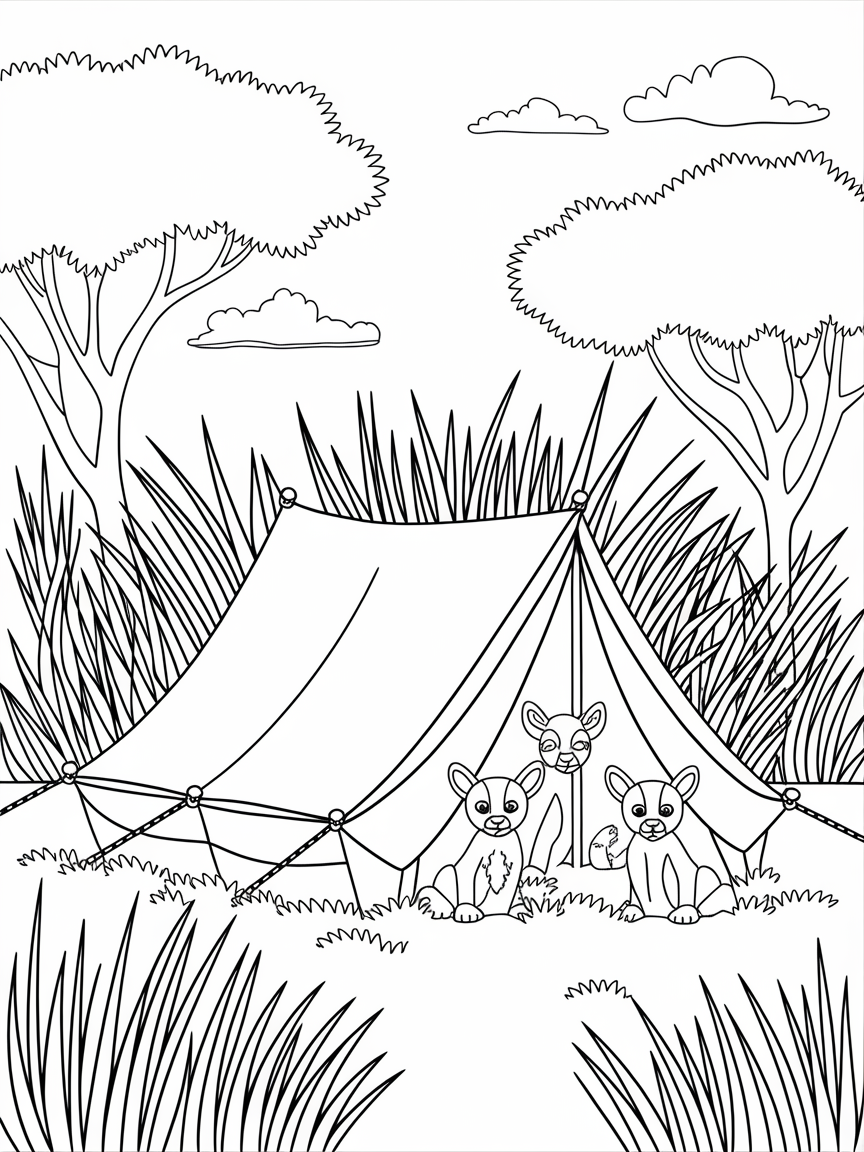 Safari Haven Adventure coloring page: Explore a safari campsite nestled among tall grasses, with a cozy tent and wildlife friends peeking in.