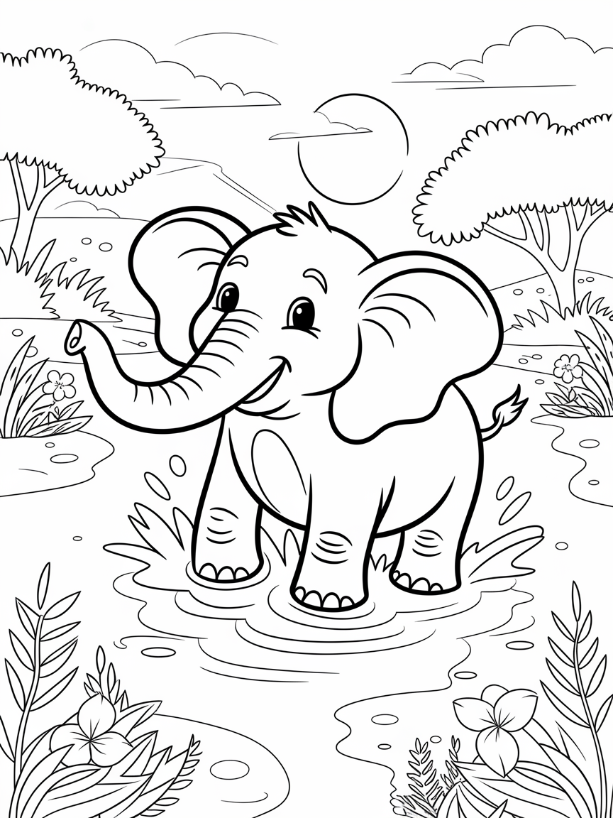 Sunny Safari Splash! coloring page: This cheerful elephant is splashing in a sunlit river, surrounded by tropical plants and colorful flowers on its safari adventure.