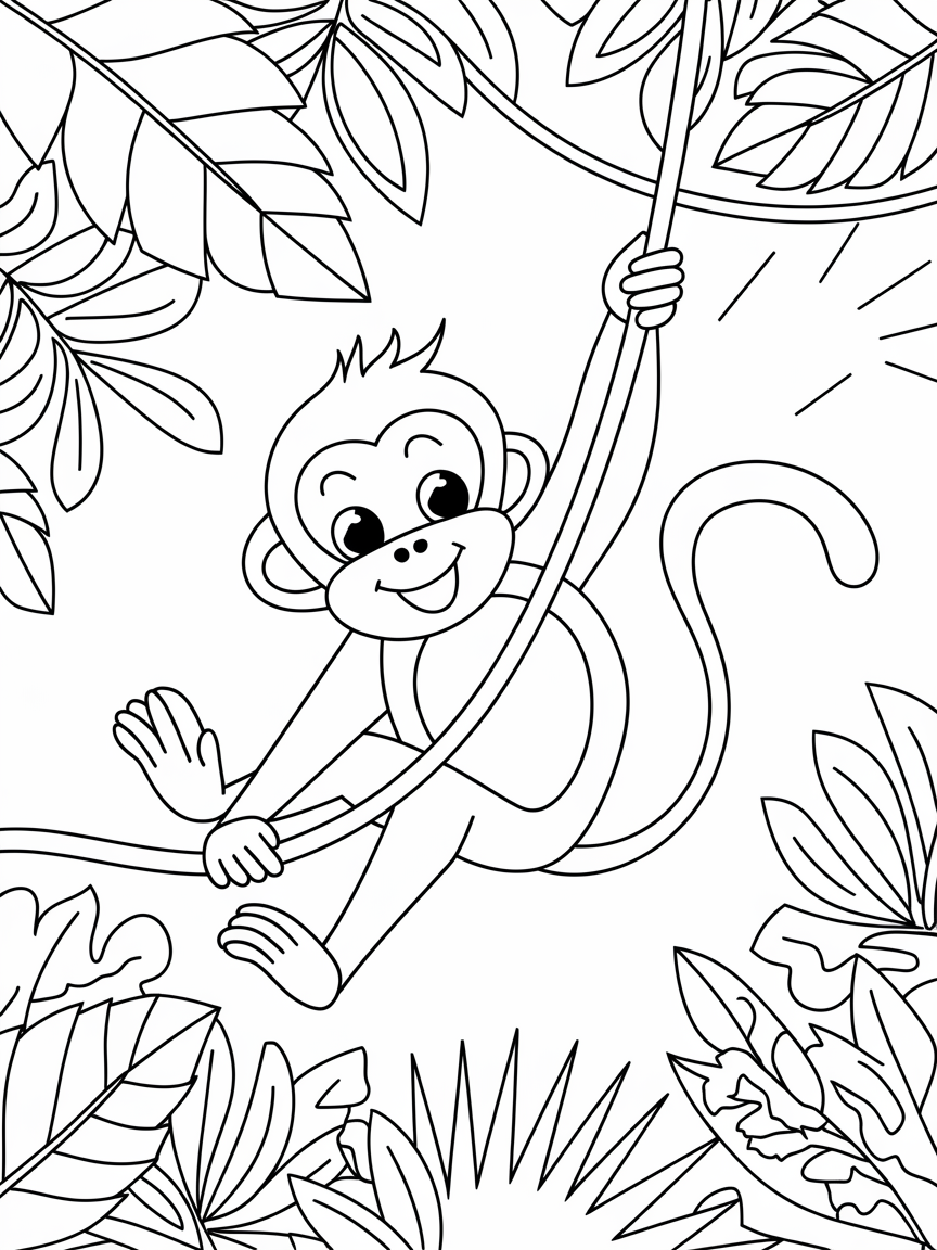Swinging Monkey Jungle Fun! coloring page: A playful monkey swings from a vine high above the jungle, with sunny rays shining through the leafy canopy below.