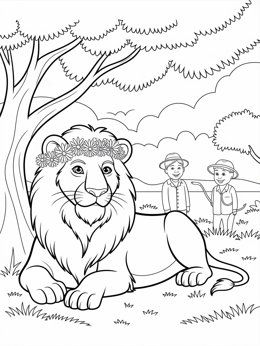 Regal Lion's Safari Retreat coloring page: A proud lion lounges under a shady tree, adorned with a crown of flowers, waiting for his safari explorer friends.