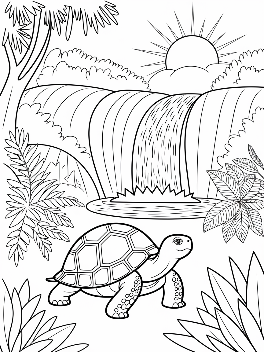Tortoise's Jungle Journey coloring page: This wise old tortoise is making its way through a vividly colored jungle towards a sparkling waterfall under the warm sun.