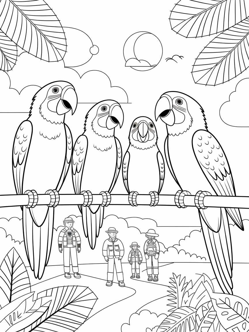 Parrot Harmony in Paradise coloring page: A family of vibrant parrots is perched on a branch, singing joyfully as they watch explorers trek through their sunny habitat.