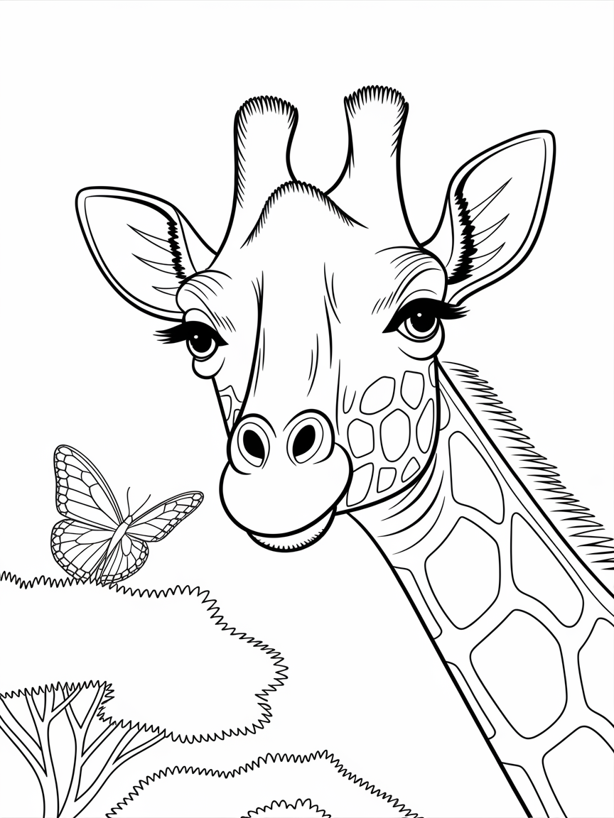 Safari Wonder: Giraffe & Butterfly coloring page: A curious giraffe is peering over the treetops while a butterfly lands on its nose, capturing the charm of safari wildlife.