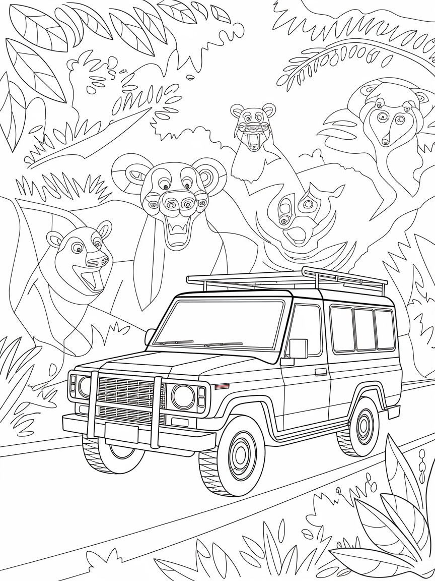 Sunlit Safari Adventure coloring page: A safari jeep drives past various amazed animals, all enjoying the warm sunshine in their jungle home.
