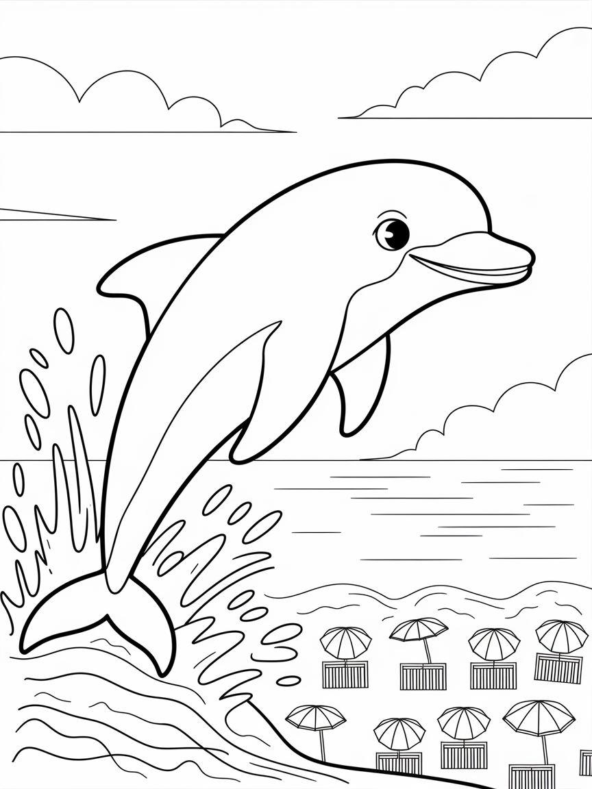 Dolphin Splash Beach Fun coloring page: A playful dolphin jumps out of the waves, splashing water on a sandy beach filled with colorful umbrellas and beach towels.